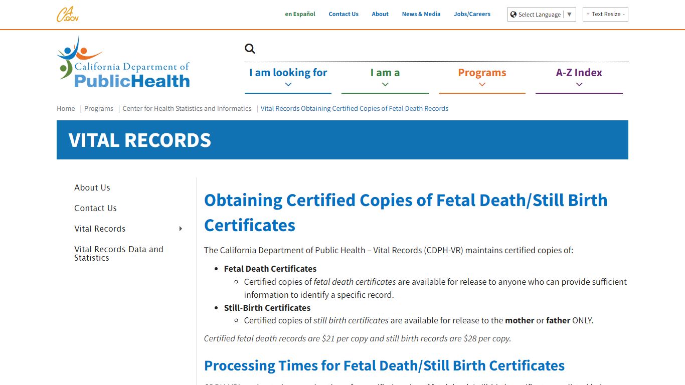 Vital Records Obtaining Certified Copies of Fetal Death ... - California